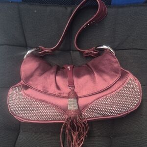 Francesco Biasia Stylish Wine Tassel Shoulder Bag with Stud Accents